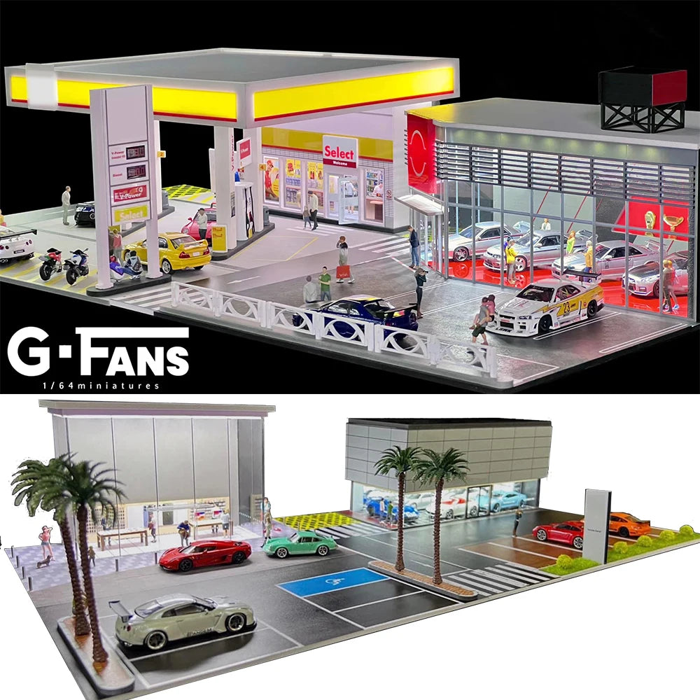 GFans NEW 1:64 Scale Diorama Car Garage Model – DIY Parking Lot with LED Lights, City Display Model Set, Collector Gift